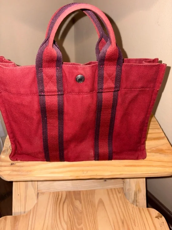 Hermes Fourre Tout PM Red Canvas Tote with Dark Stripe Handles EUC Vintage - Picture 10 of 13